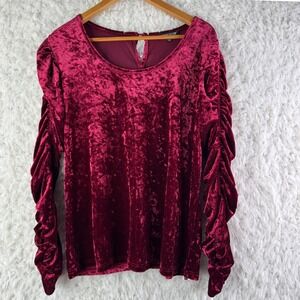 The Pyramid Collection Burgundy Crushed Velvet Ruched Sleeve Top Women's Size L‎